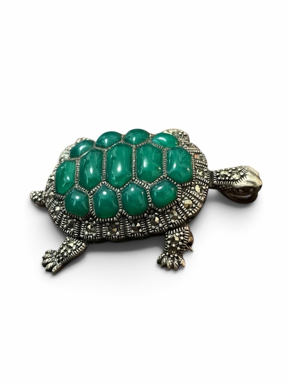 Vintage Sterling Turtle Brooch & Pendant, Green Chrysoprase, Garnet, Marcasite